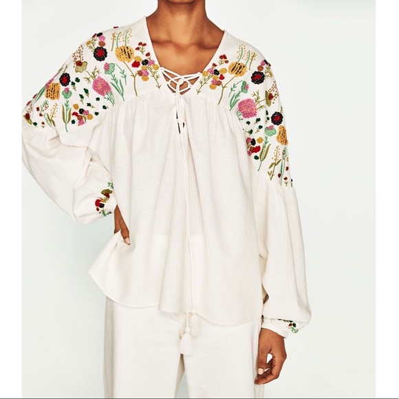 zara long embroidered blouse